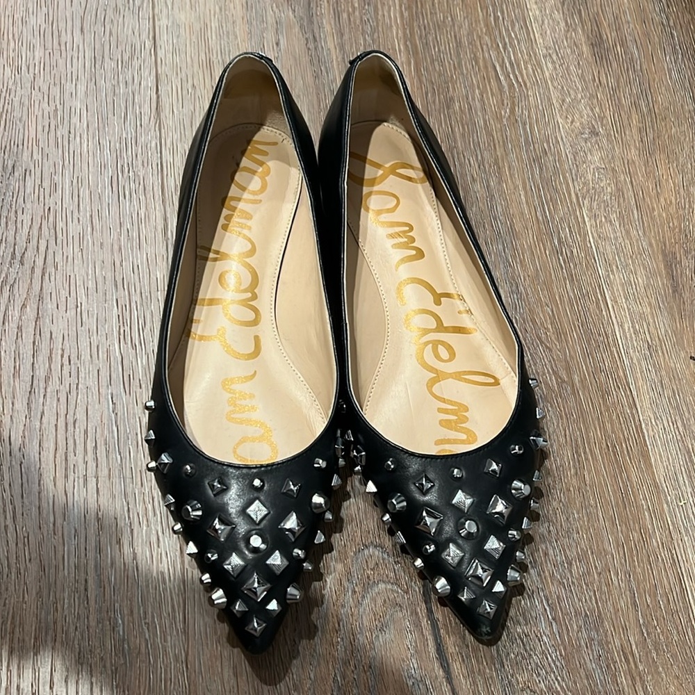 Sam Edelman black leather flats with studded detail toe